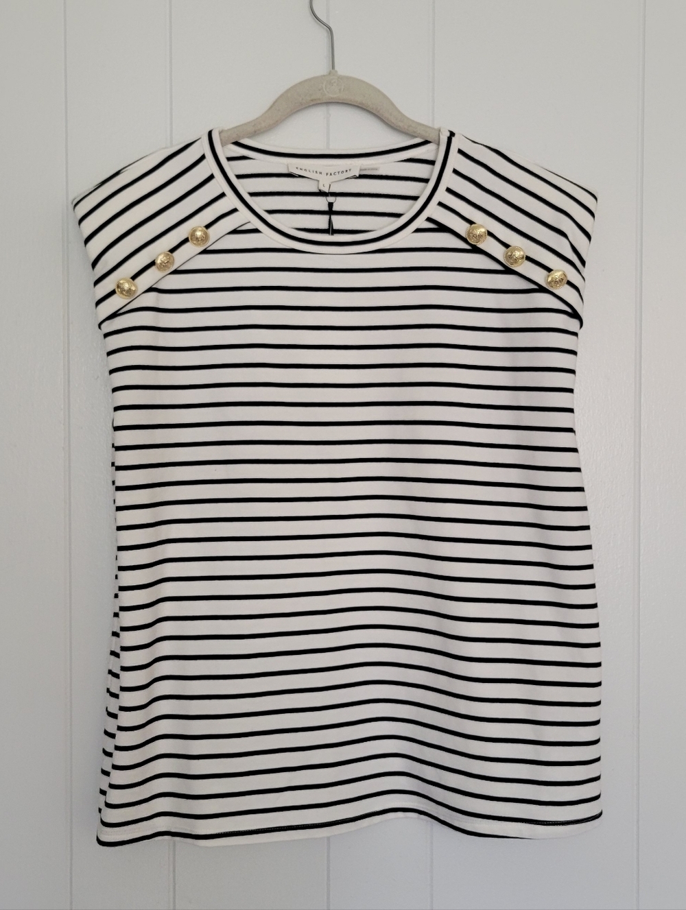 NWT Anthropologie × English Factory Power Shoulder Top Striped Nautical Preppy L - Picture 5 of 14